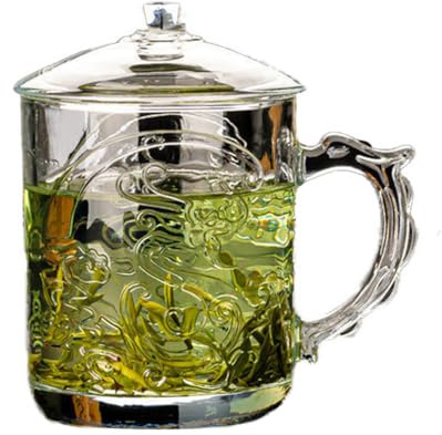 HADAVAKA Glas-teebecher Mit Henkel, Transparente Teetassen & Kaffeegläser, Glas-teebecher Mit Deckel, Verdickter Hitzebeständiger Teebecher, Für Losen Tee, Blütentee, Teebeutel Und Kaffee (425ML-A)