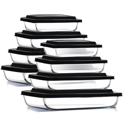 Eatex 8-Pack Glass Food Storage Containers with Lids, Baking Pans Set, Glass Baking Dishes for Oven | Leakproof Casserole Dish Lasagna Pan, Kitchen Serving Dishes| Oven Microwave Freezer Safe Bakeware