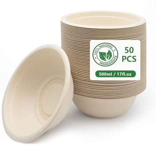 RZMZBY 50 Stücke-500ml Einweg Pappschalen Einwegschalen aus Zuckerrohr Suppenschüssel Mikrowellenfähig-Bioabbaubar-Dessertschalen Einweg für Party/Haushalt/Picknick