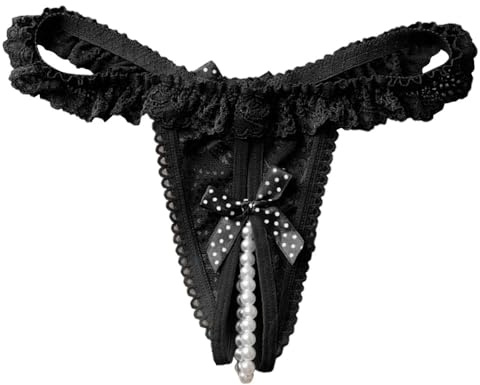 RPENGYAO Femmes Sexy Mignon Culotte Perle Boule Dentelle String Fente Culotte Sexy Dames Volants Exquis Lingerie (Noir)