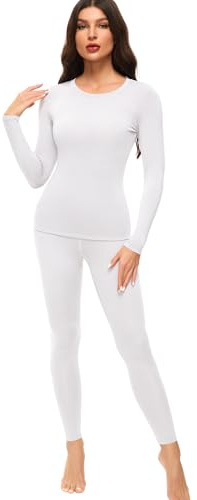 sous Vetement Thermique Femme Haut Manches Longues Pantalon Chaud & Léger Col Rond Ensemble Ski Hiver en Polaire Leggings (Blanc,XXL)