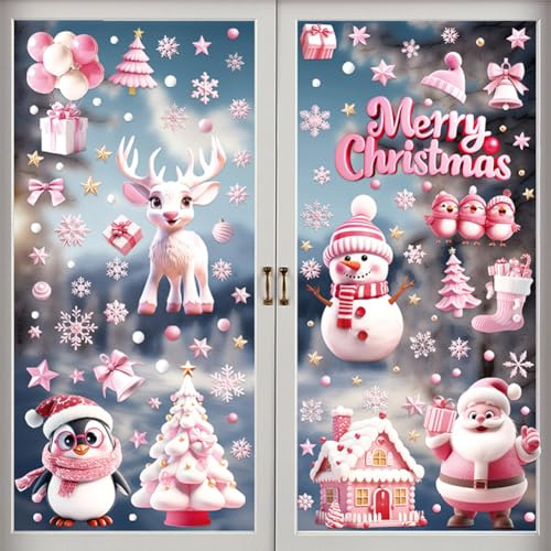 Lot de 9 feuilles d'autocollants de Noël double face pour fenêtre de Noël (rose)