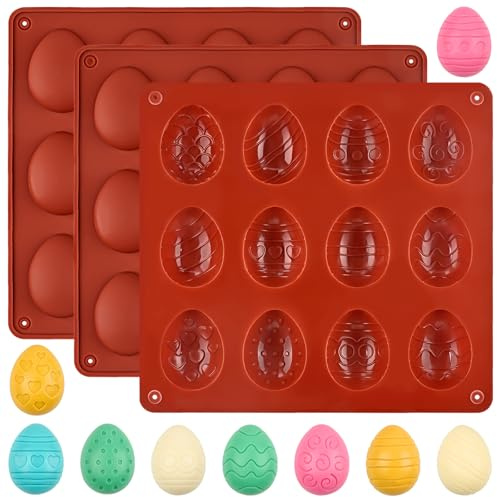 JOERSH Easter Silicone Chocolate Molds, 3 Packs Egg Shaped Candy Mold Non Stick Baking Pan for DIY Chocolate, Fondant, Gummy, Jelly, Hot Chocolate Bomb, Cake Topper
