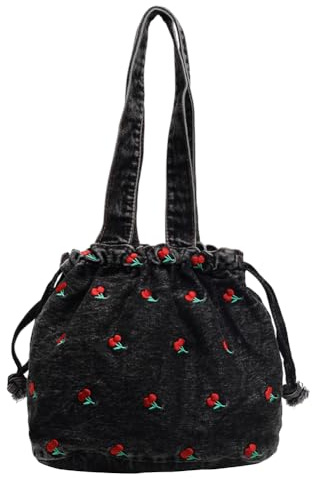 CRGANGZY Damen Denim Umhängetasche, bestickte Kirsche, Unterarmtasche, Kordelzug, Handtasche, Jean, Pendler-Einkaufstasche