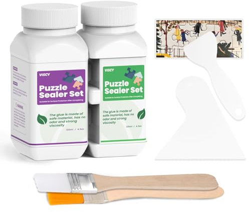 VISCY Puzzlekleber mit Applikator, Puzzle Kleber Transparent, Puzzle Glue Set, Leicht Aufzutragen, Schnell Trocknend, Klar & Hell, Puzzle Conserver, 240 ml Kleber, 2 Silikonspatel & 2 Pinsel.