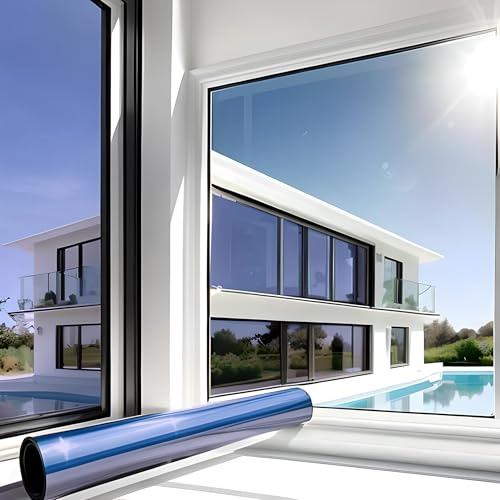 MARAPON Spiegelfolie Fenster Sichtschutz Blau 0,75x20 m Fensterfolie Blickdicht von aussen tagsüber Sonnenschutzfolie Fenster innen UV Schutz statisch haftend Hitzeschutz Wärmeschutz Innenanbringung