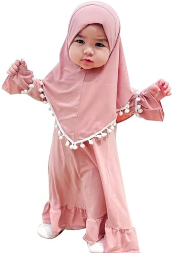 Gebet Kleid Langarm Muslimisches Kleid für Mädchen Gebetskleidung Burka Länge Robe mit Hijab Baby Kinder Ramadanrobe Rüsche Maxikleid Arabisch Islamische Robe Set mit Kleine Balldekor