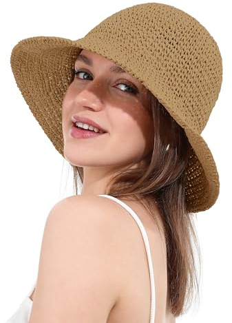 sy soul young Damen Strohhut Breitkrempe Handgewebt Faltbar Strandbucket Sommer UV-Schutz UPF50+ Reise
