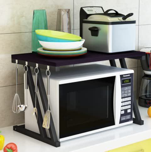 Metal Microwave Oven Shelf Kitchen Storage nizer Spice Holder (Black 57 * 38 * 38 cm) Space Saving Countertop Dish Rack Tray Stand for Dishes and Utensils