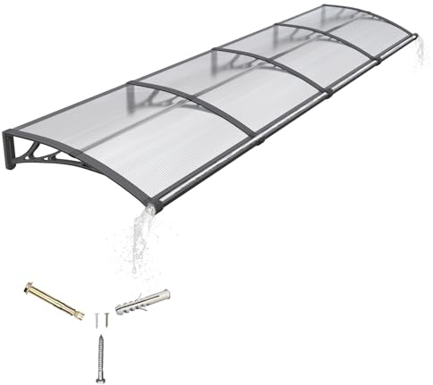Pensilina da Esterno 350x100 cm in Policarbonato con Grondaia Integrata, Baldacchino Tettoia per Porta, Finestra e Veranda, con Protezione UV, Antipioggia e Antineve