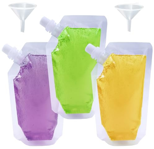 Yelinosk 20pcs Clear Drink Pouches 250ml with caps and 2 Funnels for Festivals,Leak Proof Alcohol Juice Liquid Pouches Bags, Beverage Bags, Plastic Hip Flask for Parties, Picnic, Travel, Sports
