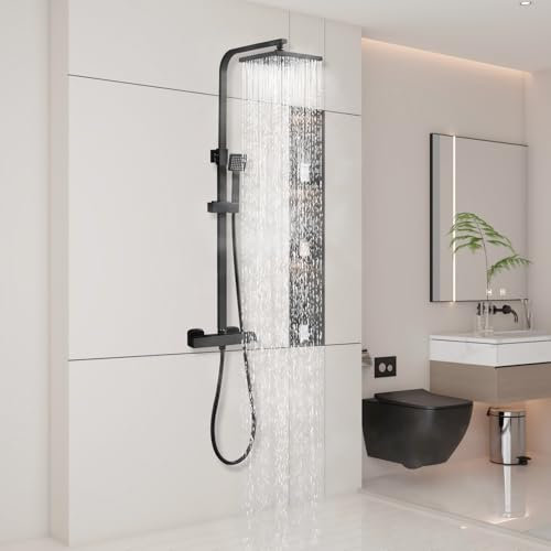 Columna de ducha termostática, con ducha de techo cuadrado de 20 cm, sistema de ducha termostático de 38 °C, columna de ducha negra ajustable altura entre