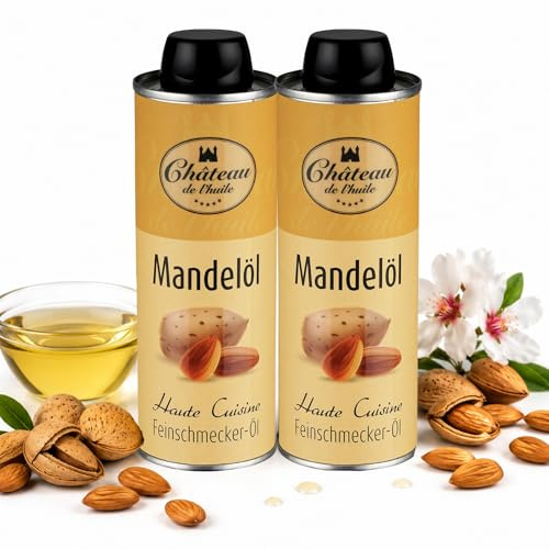 Château de l’huile Geröstetes Mandelöl – 250ml, 2er Pack | In UV-lichtgeschützter Dose für optimale Frische - Kaltgepresst aus Süßmandeln, reich an gesunden Fettsäuren und Vitamin E