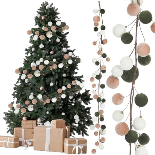 Simgoing 6 ft Christmas Ball Ornament Garland Christmas Bauble Hanging Ornament Neutral Velvet Bulb Ball Garland for Xmas Tree Table Mantel Staircase Indoor Outdoor Decor(White, Brown, Green)