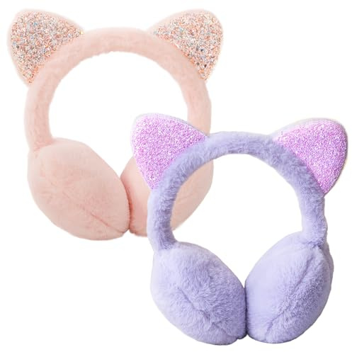 HSMHLYYB Winter Ohrenschützer Kinder, 2 Stück Ohrenwärmer Mädchen, Süße Katzenohren Design Ohrenschützer, Ohrwärmer aus weichem Plüsch, Winteraccessoires Ohrenschutz für Mädchen Outdoor Aktivitäten