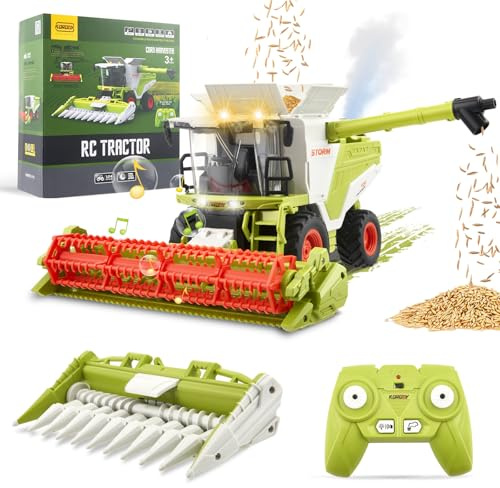 Strixorn Mietitrebbia Giocattolo, Trattore Giocattolo per Bambini, Trattore Telecomandato con Funzione Luce Suono e Spray, RC Giocattolo, Giocattoli Agricoltura Playset Regali per Bambini dai 3 Anni