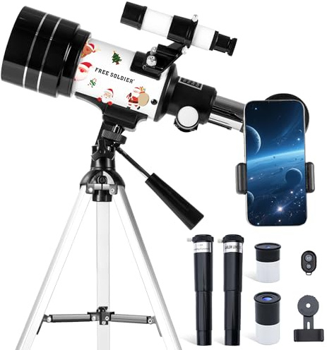 FREE SOLDIER Telescope for Kids 70mm Aperture Astronomical Refractor Telescopes for Beginners (15X-150X) 300mm Telescope for Adults High Powered with A Phone Adapter & A Wireless Remote (White)