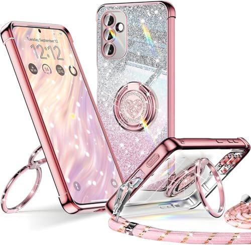XYZ for Samsung Galaxy S25 FE Case with Stand, Soft Cute Luxury Love Heart with Lanyard for Women Girls, Double Ring Bling Glitter Clear Protective Phone Cover for Samsung S25 FE - Pink