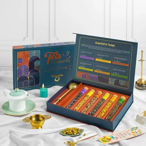 TENLITE Tea Treasure Gift Box – 6 Loose Leaf Herbal Tea Blends in Glass Tubes with Brass Infuser – Chamomile, Lavender Vanilla, Moroccan Mint, Cinnamon, Turmeric & Green Tea – Relaxation Wellness Gift
