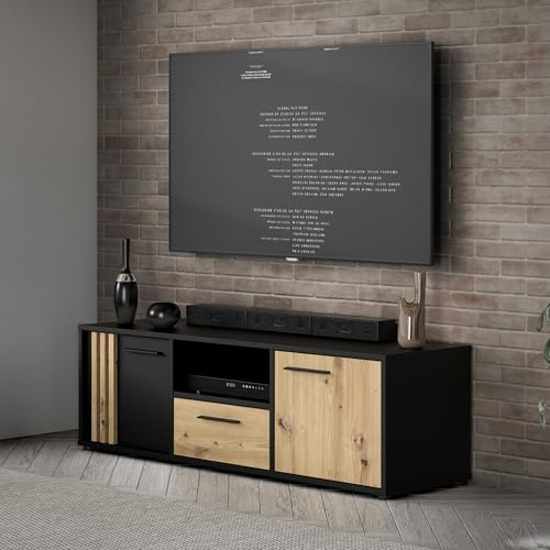 Forte Cardigan TV-Schrank 140 150, modernes Lowboard, 2-türig, 1 Schublade, Wohnzimmer, Holzwerkstoff, Artisan Eiche Holzdekor|Schwarz, 142,6 cm breit x 43,9 cm hoch x 41,5 cm tief