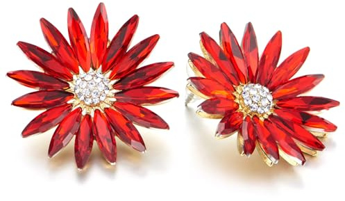 Rouge Cristal Fleur Boucles Oreilles - Floral Ton Or Pétale étincelant Zircone Cubique Cluster Grande Statement