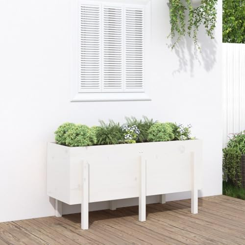 Jardinière surélevée blanche 121 x 50 x 57 cm en pin massif - Jardinière de jardin pour plantes d'extérieur - Rectangulaire - Idéal pour le jardinage et le balcon