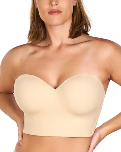 HSIA Longline Strapless Bra for Women, Anti-Slip Support Corset for Large Bust Convertible Bustier Bandeau for Big Breasts Nude