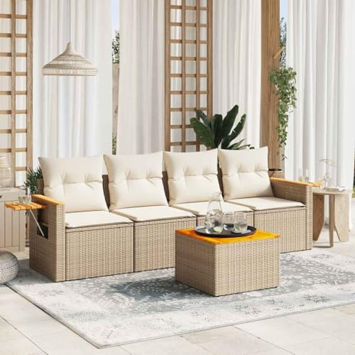 JHQHSM 5-TLG. Garten-Sofagarnitur mit Kissen Beige Poly Rattan PE-Rattan Sofa Set mit Akazienholz Tisch und waschbaren Bezügen, Modulares Design für Terrasse Garten Innenhof,