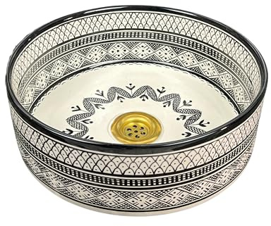 Brassatelier Hand-Painted Black & White Sink - Custom Ceramic Vessel Sink - Countertop Round Geometric Basin - Lavatory Modern Artisan Washbasin (As Pictures, 8in = 20m)