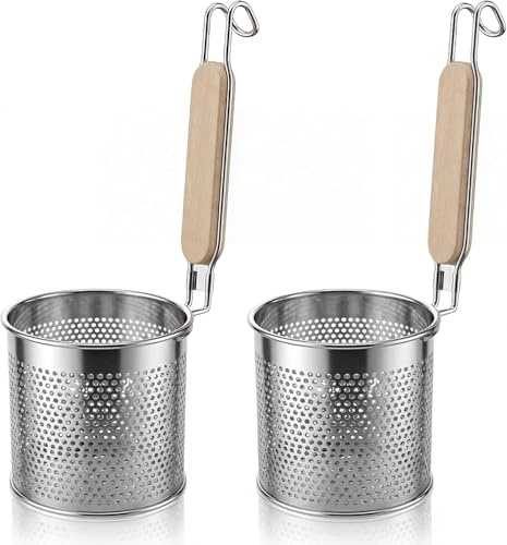 Eulihent 2 Stück 10cm Nudelkorb Mikroperforiertes Ramen Sieb Edelstahl Nudelsieb zum Kochen mit Holzgriff für Nudeln Gemüse Knödel Lebensmittel