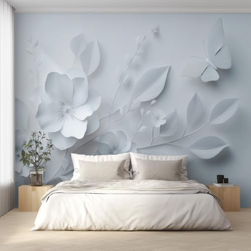 Generico Carta da Parati Fiori in Rilievo, Fotomurale in Tessuto Non Tessuto Foglia Botanica Farfalla, Decorazione Murale per Soggiorno, Camera da Letto, TV Sfondo, 300x210 cm