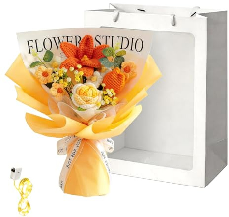 LOMUG Bouquet di fiori all'uncinetto, fatti a mano, tulipani, rose, girasoli artificiali, per donne, amici, mamma, nonna, festa della mamma, San Valentino, compleanno, decorazione per la casa