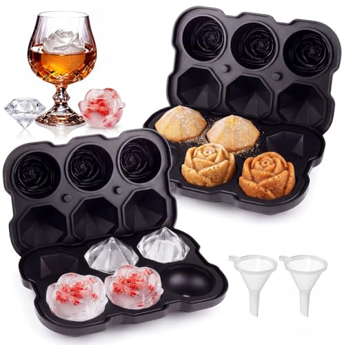 ZappelStift Rose & Diamond Silicone Ice Cube Tray with Lid, 2PCS Reusable Silicone Ice Moulds, Easy Release Large Ice Tray for Freezer, Perfect for Whiskey, Cocktail, Bourbon, Cold Drinks