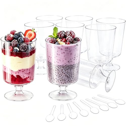 WenYa 50 Plastic Dessert Cups (Stemmed, 100ml), Clear Hard Plastic Cups for Mousse, Fruit Cake, Trifle, Pudding – Sturdy Individual Serving Bowls for Party, Wedding, Birthday, Buffet