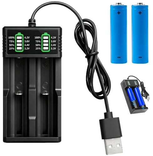 SKJJM 18650 Battery Charger Set with 2 Pack 2200mah 3.7V Battery Pointed, 18650 Rechargeable Battery, 2-Bay LCD Display USB Battery Chargers with 500x Times for 18500 21700 26650 14500 16340 18650