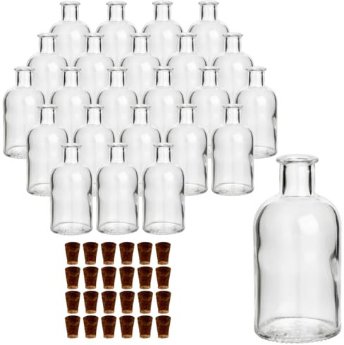 gouveo Set di 24 Bottiglie di Vetro 100 ml Farmacista Rotonda con Tappo in Sughero (SK) - Bottiglia Piccola in Vetro da 0,1 L - Bottiglia Vuota in Sughero per Liquore, Olio, Aceto (AFRT100SK)