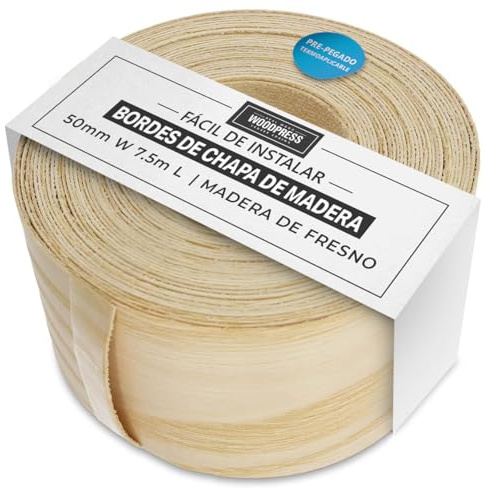 WoodPress® 50 mm Bois de Frêne Véritable Bande de Chant en Placage Préencollé – Rouleau de 7,5 m – Application à Repasser facile à faire soi-même, couvre le bord d'un panneau MDF standard