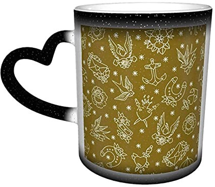 Keramik Tasse Traditional Tattoo Flash Nahtloses Doodle-Muster Wärmeempfindliche Farbwechselbecher In The Sky Kaffeetassen Personalisierte Geschenke