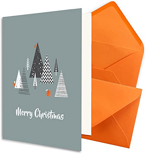 NEUSER PAPIER 30x nachhaltiges Weihnachtskarten-Set DIN A6 in Blau mit Weihnachtsbäumen und Text - Faltkarten mit Umschlägen DIN C6 in Orange mit Nassklebung - Weihnachtsgrüße für Firmen und Privat