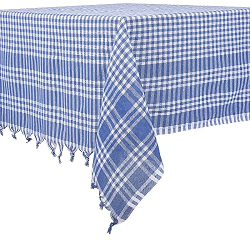 DESTALYA Landhaus Tischdecken in Karo - 160 cm Eckig Kariert Tischdecke 100% Baumwolle Picknick Tuch - Kareli Masa Ortusu Sofra Piknik (Blau 160 cm)