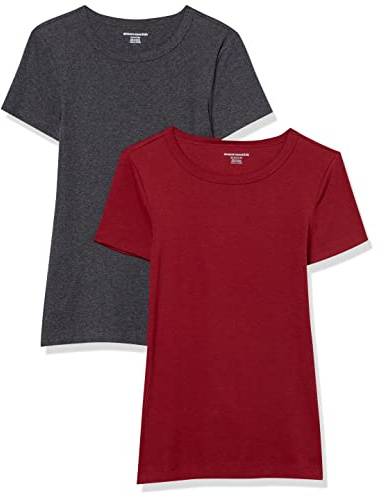 Amazon Essentials Women's Kortärmad T-shirt med rund hals smal passform, Pack of 2, Kolsvart ljung/Vinröd, L