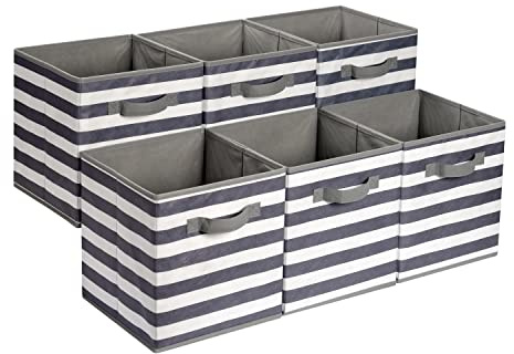 Amazon Basics Confezione da 6 cubi portaoggetti pieghevoli in tessuto, contenitori con maniglie - 26.67 x 26.67 x 27.94 cm, colore: Bianco/Grigio a righe