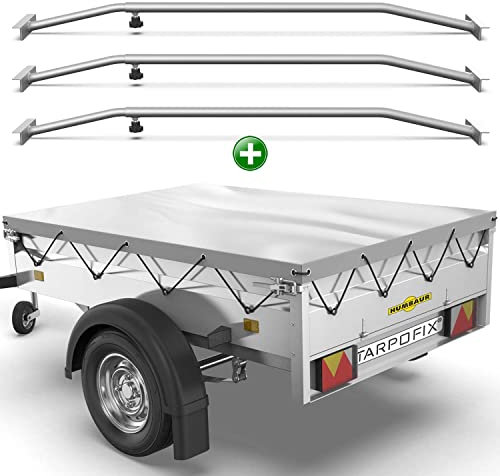 Tarpofix® Anhängerplane 258 x 136 cm + 3X Planenbügel | Anhänger Plane Flachplane aus PVC PLANENMATERIAL | Verstärkte Humbaur Anhänger Plane für PKW Hänger | Abdeckplane + Flachplanenbügel | Grau