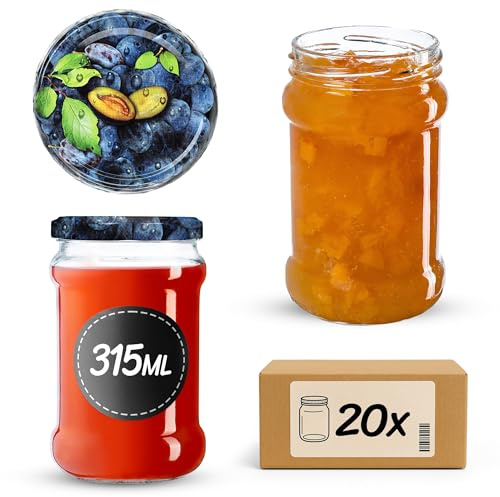KADAX Lot de 20 petits bocaux de 315 ml fi66 pour miel, confiture, pots à confiture, pots à confiture, pots à miel avec couvercle, bocaux hermétiques, bocaux à conserve, bocaux ronds (pruneaux)