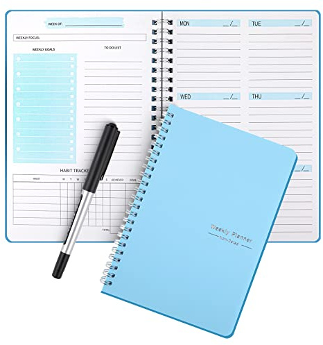 Wochenplaner Undatiert, To-Do-Liste Notizbuch, A5 Tagesplaner mit Wochenzielen, Gewohnheitstracker, für College-Arbeit ADHS (Blau)
