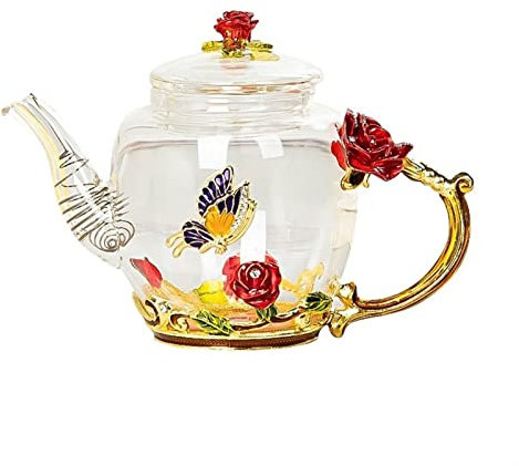 PEVSCO Teekanne Emaille Red Rose Glass Teekanne heiß und kaltes Getränk Haushaltswaren Büro Kessel Tee Set Kaffeekanne Kaffeetasse