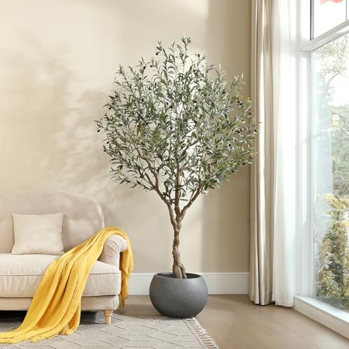 LOMANTO Olive Trees Artificial Indoor, 7Ft Artificial Olive Plants, Tall Faux Olive Tree, Fake Topiary Silk Tree in Pot with Olive Branch & Fruit, Home Office Modern Decor Gift for Housewarming 1Pack
