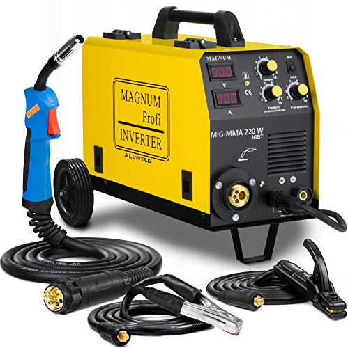 Magnum MIG 220 W IGBT - Fülldraht und Schutzgas Schweißgerät MIG MAG mit Fahrwerk - 200A Kombi Inverter-Schweißgerät mit MMA, Induktivität und Lötschweißen - Set:Solo