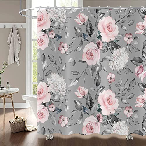 Hnmdmyi Duschvorhang Blumen 90x180, Rosa Grau Blume Duschvorhänge Elegant Vintage Blüte Aquarell Rosen Badewanne Vorhang Wasserdicht Polyester Stoff Waschbar Badevorhang für Badezimmer mit Haken