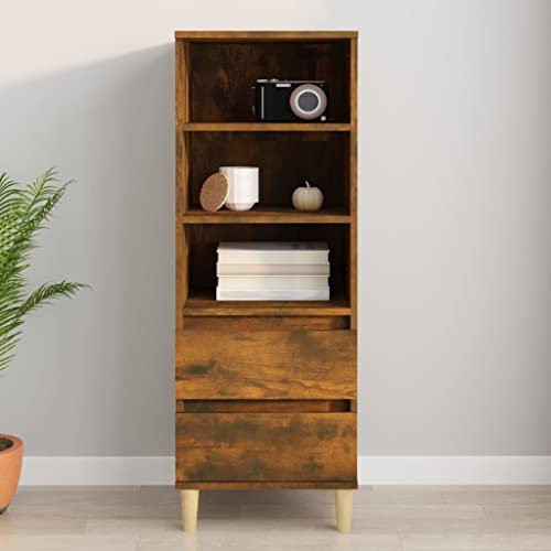 FIRBNUS Bücherschranks Seitenschrank 40x36x110 cm mit 3 Offene Fächer und 2 Schubladen Beistellschrank Schubladenschrank Lagerschrank Kommode Räuchereiche Sideboard Wohnzimmer Holzwerkstoff